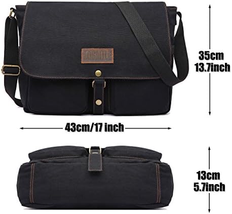 LOSMILE 15.6" Laptop Shoulder Bag, Men's Messenger Bags, Vintage Canvas Bag for School and Work, Satchel Bags, Large Size.(Black)