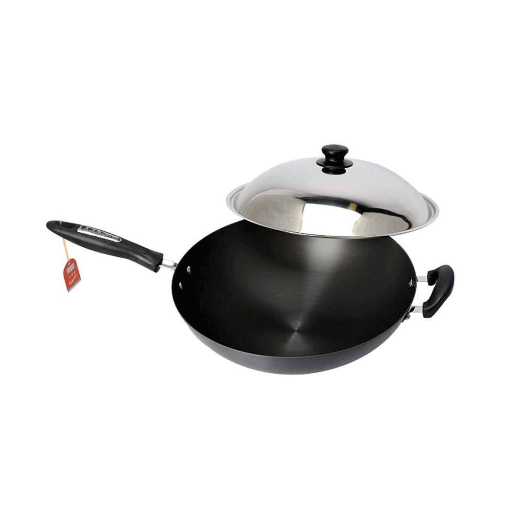 Wok 12,5" wysoka odporność na utlenianie, patelnia z drobnego żelaza do smażenia z pokrywką, nieprzywierająca i odporna na zarysowania.,34cm