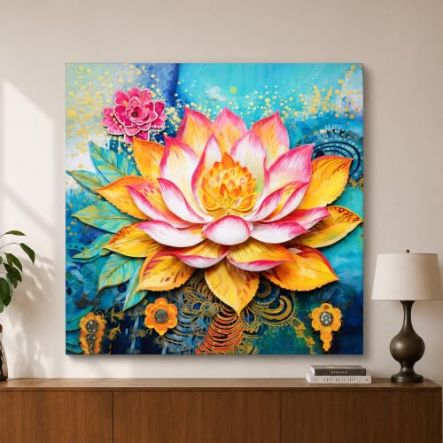 Image of PAINTINGMANTRA Modern Lotus Artwork Stretched Canvas Painting for Living Room | Abstract Floral Canvas Wall Decor Art For Livingroom, Bedroom, Office, Hallways - 34x34 Inch
