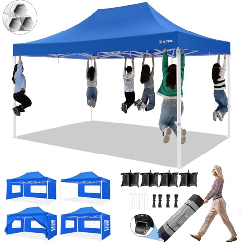 Image of HOTEEL 10x15 Pop up Canopy Tent for Parties, Heavy Duty Easy Setup Tent with 4 Sidewalls, Outdoor Commercial Instant Gazebo for Wedding Event, with Roller Bag & Sand Bags, Blue(Hexagonal Frame)