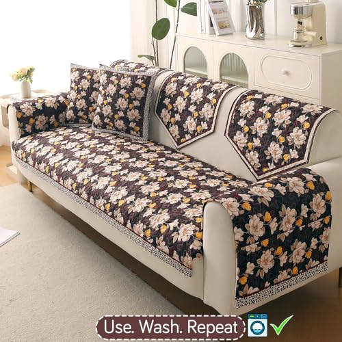 Image of HOKIPO 'Florentina Series' Premium Holland Velvet 5 Seater Sofa Cover Mat in 3+2 Configuration with Foam Filling for Extra Softness, Anti-Slip Backing, Camellia Brown (IN-881+879-V2)