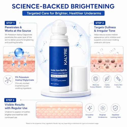 Image of KALYRE Under Arm Roll-On for Dark Underarms | 5% Potassium Azeloyl Diglycinate (PAD) | Brightening, Odour Control & Skin Soothing | Alcohol-Free Deodorant Roll-On | Reduces Underarm Pigmentation | 50ml (pack of 1)