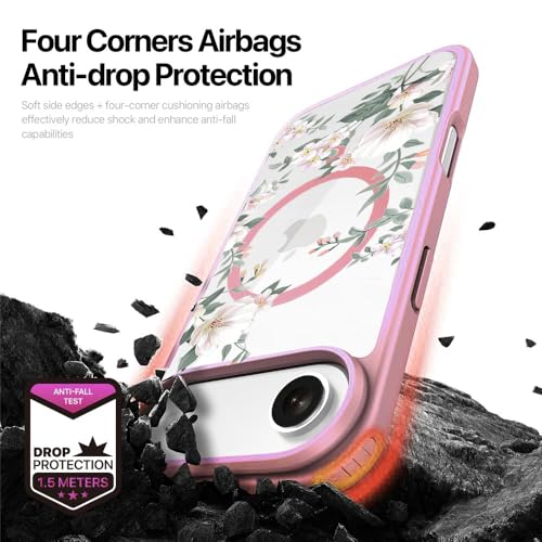 Image of VONZEE Back Cover Case Compatible with iPhone 17 Air Case Luxury Retro Flowers Floral Clear for Magnetic Wireless Charging Case Shockproof PC+TPU Cute Glossy Shiny Cover for Girls Women, 6.6'' Pink