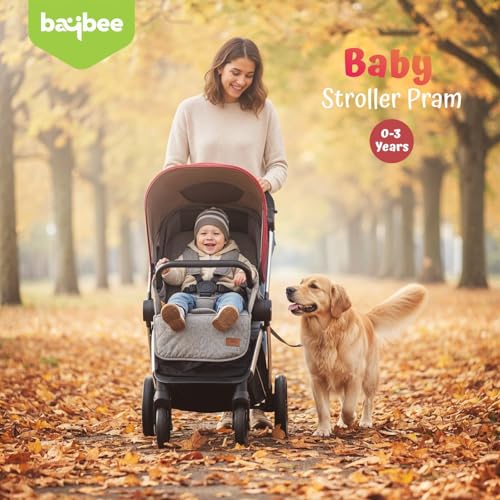 Image of Baybee Baby Stroller Pram for 0-3 Years | Reversible Seat, Canopy, 3-Position Recline, Large Wheels, Lightweight Aluminium Frame | Strollers for Boys & Girls (Red)