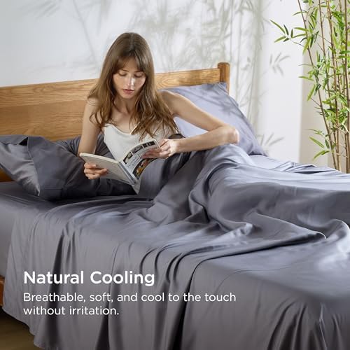Bedsure Queen Sheet Set, Rayon Derived from Bamboo, Cooling Sheets, Breathable & Soft, Deep Pocket Up to 16", Hotel Luxury Silky Bedding for Hot Sleepers, Light Beige - Thumbnail 4