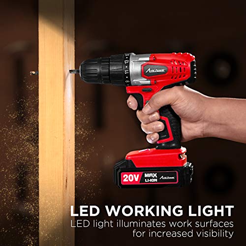 Avid Power 20V MAX Lithium Ion Cordless Drill, Power Drill Set with 3/8 inches Keyless Chuck, Variable Speed, 16 Position and 22pcs Drill/Driver Bits