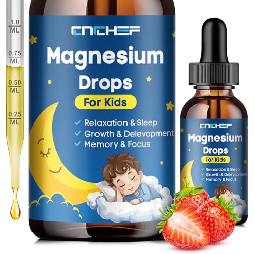 Magnesium Drops - Magnesium Glycinate Liquid Drops for Kids - Calm Sleep Relaxation Bones Brain Support with Vitamin B6 C D3 Omega-3 L-Theanine Zinc Multivitamins - Strawberry Flavor 2 Fl Oz