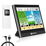 Geevon Weather Station Wireless Indoor Outdoor Thermometer Hygrometer with Heat Index, Dew Point, Touch LCD Display Digital Forecast Station with Alarm Clock and Adjustable Backlight