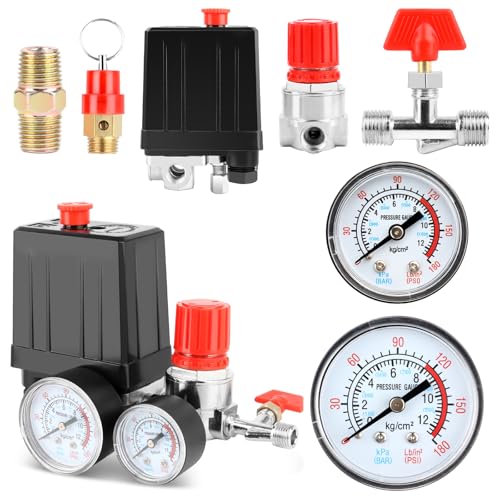 Pressostat Compresseur d'Air, Régulateur de Pression avec 2 Manomètres, 220V Piece Detachee Compresseur, Manomètre de Régulateur Valve de Contrôle Accessoires Pressostat Vanne de Commande, G1/4”