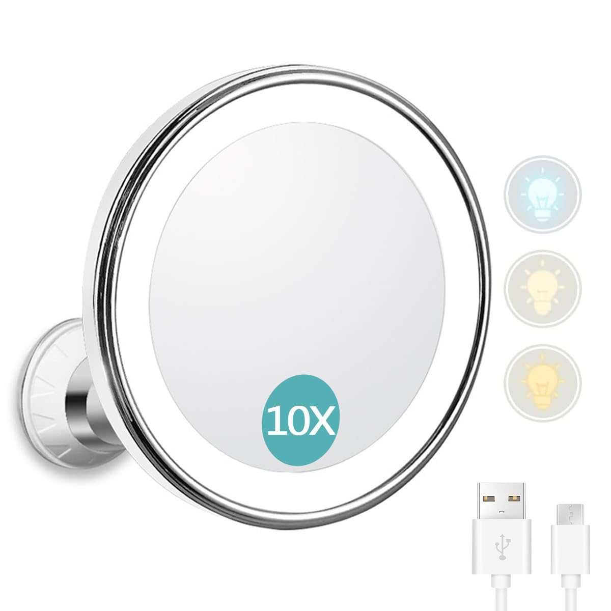 Miroir de maquillage grossissant x10 avec 3 modes de couleur et ventouse ultra-puissante