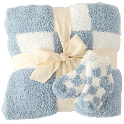 Image of Orelle Checkered Baby Blanket & Matching Socks Set | Plush Baby Blanket | Luxury Ultra-Soft & Cozy Receiving Blanket | Newborn Gift & Registry Must-Have | 30x40” | Blue