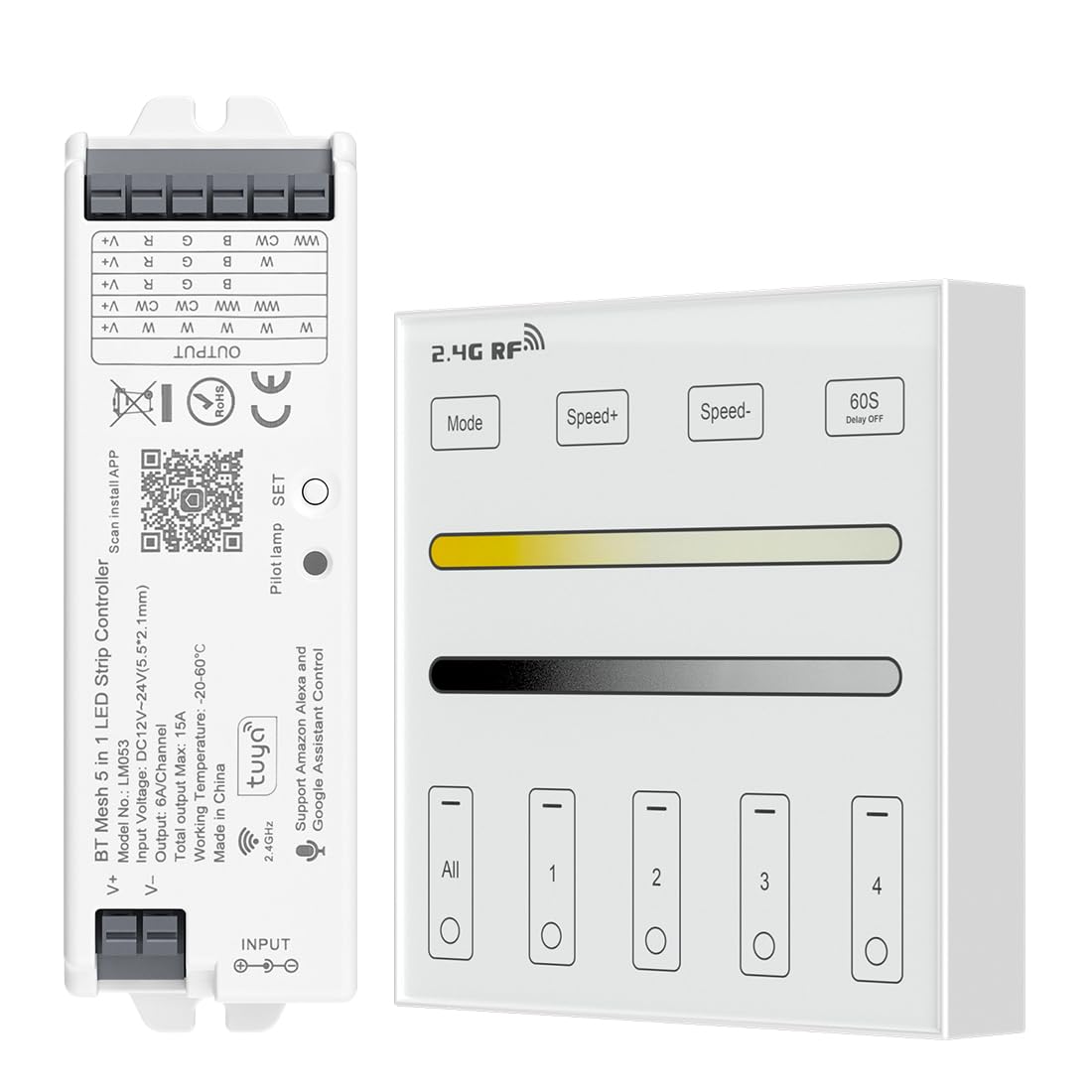 BTF-LIGHTING WR02RF Wireless 2.4G RF 4 Zone Single Color CCT Wall Mounted Smart Panel Remote, LM053 Bluetooth Mesh PWM LED Controller SmartLife TuyaSmart APP Control