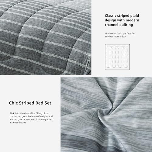 Image of Monbix Twin XL Comforter Set - Extra Long 5 Pieces Dorm Bedding Sets, Grey-Stripe Bedding Sets, All Seasons Comforter Bed Set with Sheets, Pillowcase & Sham