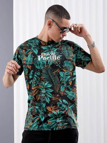 Image of The Indian Garage Co Men Slim Fit Tropical Print Round Neck Tshirt