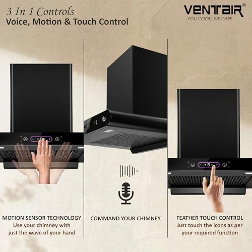 Image of Ventair 60 cm Voice Enabled 1400 m3 /hr Smart Autoclean Kitchen Chimney (Ruby 5G 60, Voice Enabled, Motion Sensor, Made in India, 11 Filterless with Metallic Oil Collector, T Shape, Black)