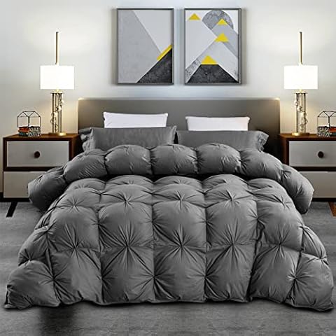 Luxurious King Size Goose Down Feather Fiber Comforter Duvet Insert, 100% Egyptian Cotton Cover, 70 oz. Fill Weight Comforter (King, Gray Pinch Pleat) Cover