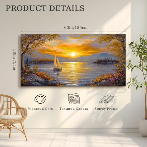 crmotu Sunset Wall Art, Sailboat Wall Art, Lake Art Wall Decor, Mountain Landscape Large Art Prints, Golden Dusk Paintings Wall Decor Living Room Bedroom Dining Room Office Decorations 30x60inch