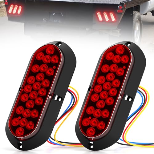 PSEQT 6'' Strobe Flash+High/Low Lights 3 Function Red LED Trailer Tail Lights 24LED Oval Brake Stop Turn Marker Waterproof Lights Surface Mount for Truck Bus RV ATV UTV Van Boat Pickup Caravan, 2Pcs