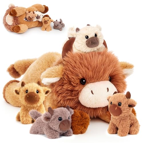 Image of Easfan 5PCS Highland Cow Stuffed Animal 16" Lying Mommy Cow with 4 Baby Cows Inside,Realistic Fluffy Scottish Plushie for Baby Girls, Boys, Toddlers & Kids