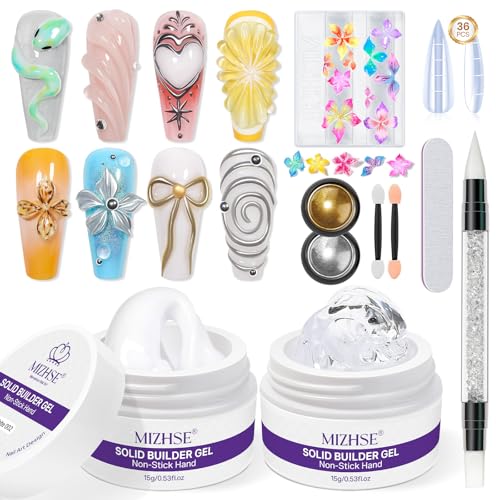 MIZHSE Solid Builder Gel for Nails Non-Sticky Clear White 3D Nail Art Sculpting Building Hard Gel with Silicone Flower Mold for Carving Patterns Decoration Nail Art Manicure Home DIY