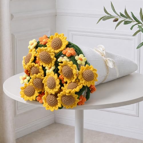 Knitted Flower Throw Floral Bouquet Blanket 43inch Handmade Crochet Blanket with Sunflowers Cute Romantic Gift for Her Girlfriend Mom Mothers Day Valentine Wedding Anniversary Birthday Yellow