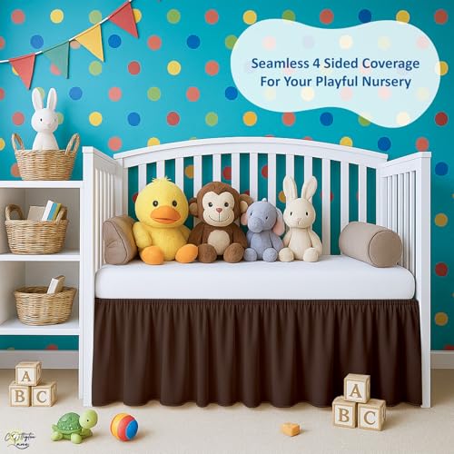 Image of Cottignton Lane Ruffled Crib Bed Skirt, Soft Nursery Bedding in 100% Natural Cotton, Platform Style with 4-Sided Coverage & Split Corners - Fits Standard Cribs 28 inch x 52 inch with 14 inch Drop,Chocolate