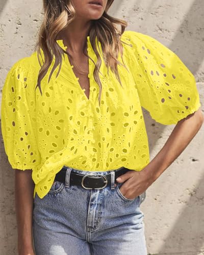 BETTE BOUTIK Women's Long Short Sleeve Tops 2025 Dressy Casual Button Hollow Out Lace Embroidered Blouses Shirts