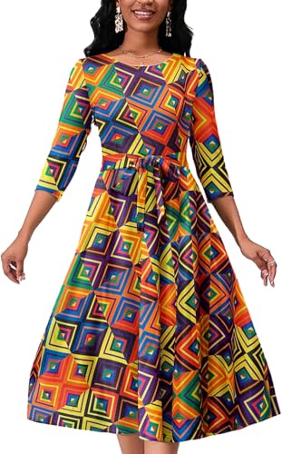 Image of PerZeal Women's Casual Dresses African Floral Print Dress Boho Chic 3 /4 Sleeve Cocktail Party Dress with Belted Bow Medium
