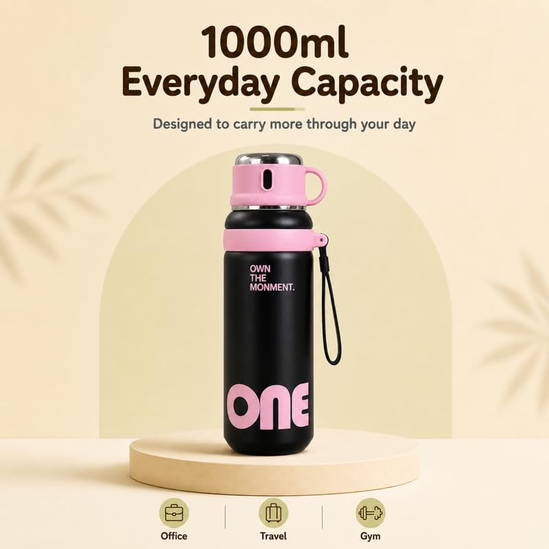 Image of Homero Premium Steel Bottle 1 Litre 1L, Stylish Water Bottle with Cup & Straw, Leak Proof Elegant Design for Women, Office, Gym, School, College & Travel Use - Blush Pink