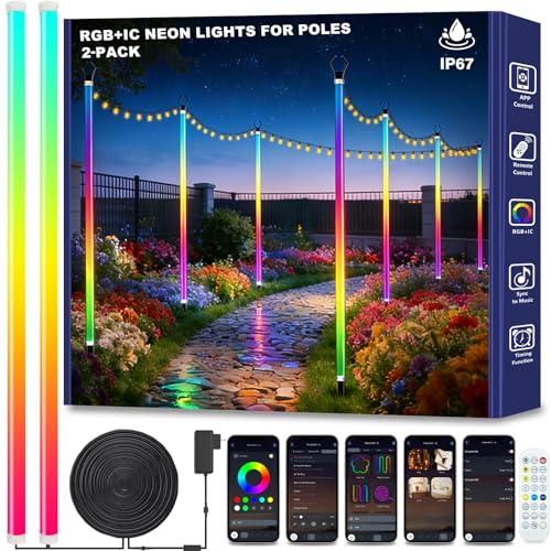Image of AILBTON 2-Pack 6.6FT RGB+IC Neon Ambient Light for Poles,Outdoor Clip-on Chasing Effect Lighting, Waterproof Neon Atmosphere Lights for Patio Outdoor Living Camping Party