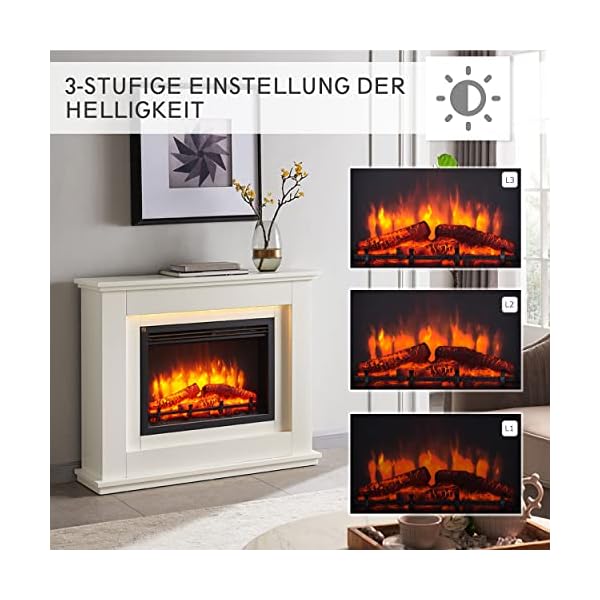RICHEN Elektrokamin Baldur | Elektrischer Standkamin mit 3D-Flammeneffekt | Elektro Heizung 2000W, LED-Beleuchtung | Kamin mit Fernbedienung, Timer & Thermostat | Weiß – Bild 4
