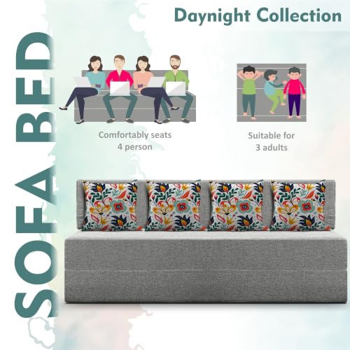 Image of Los Angeles Foldable Four Seater Sofa Cum Bed, Sofa Bed 6 X 6 Feet Jute Fabric Washable Cover- Including Cushion Perfect for Living Room - Grey