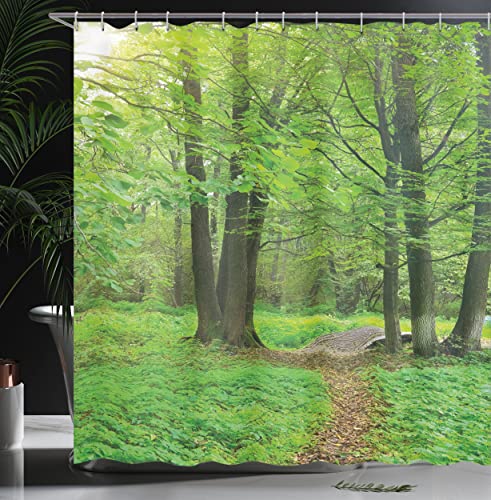 ABAKUHAUS Nature Shower Curtain, Summer Season Forest with Flourishing Trees Grass and Pathway Tranquil Scenery, 70 Inches - Image 3
