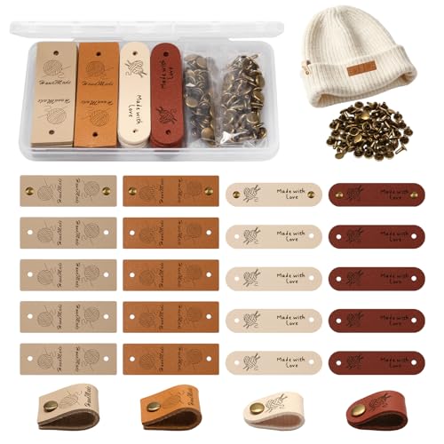 Sariputa Lot de 20 étiquettes faites à la main avec rivets, étiquettes en daim PU, crochets personnalisés gaufrés avec trous, étiquettes colorées «...