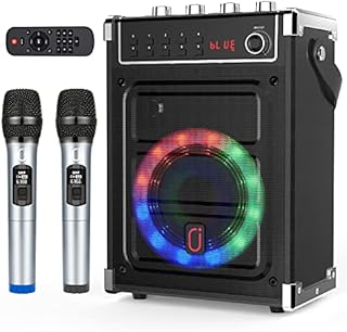 JYX Karaoke Machine with 2 UHF Wireless Microphones, Bluetooth Speaker with Bass/Treble Adjustment and LED Light, PA System Support TWS, AUX in, FM, REC, Supply for Party/Adults/Kids - Black