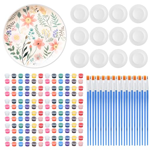 Marspark 12 Pcs 9 Inches Ceramic Painting Plate White Ceramic Plates with 12 Sets of 12 Colors Paint 12 Sets of 2 Brushes Porcelain Painting Craft Set for Family Gatherings Activities Art Supplies