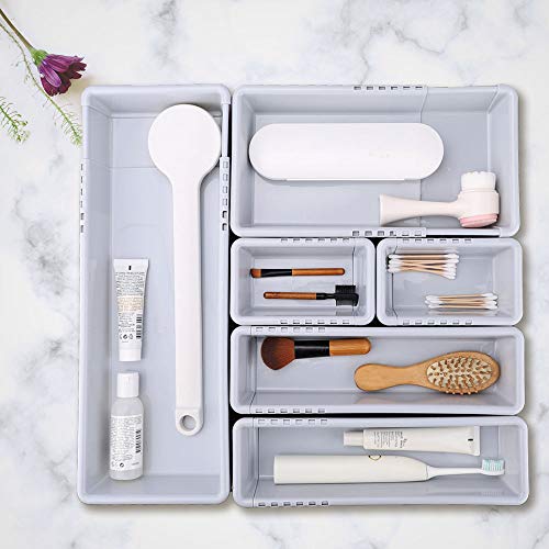 Mebbay Expandable Drawer Organizer Grey Plastic Makeup Junk Drawer Organizer for Bathroom Office Kitchen (6)