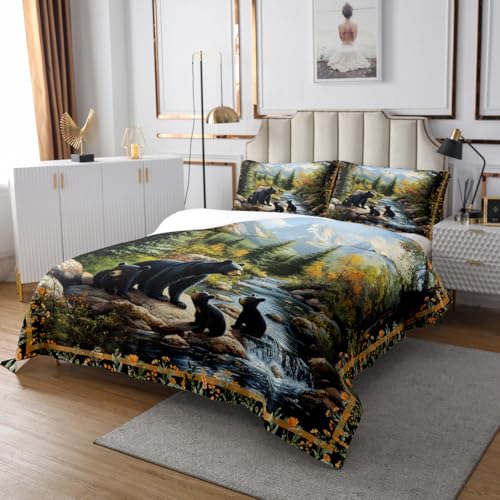 Black Bear Kids Bedspread Queen Size,Pine Trees Plant Lake House Coverlet Set,Boys Girls Room Decor,Bear Wild Animals Adventure Quilted Coverlet,Rustic Farmhouse Retro Bedding Quilt,2 Pillowcases