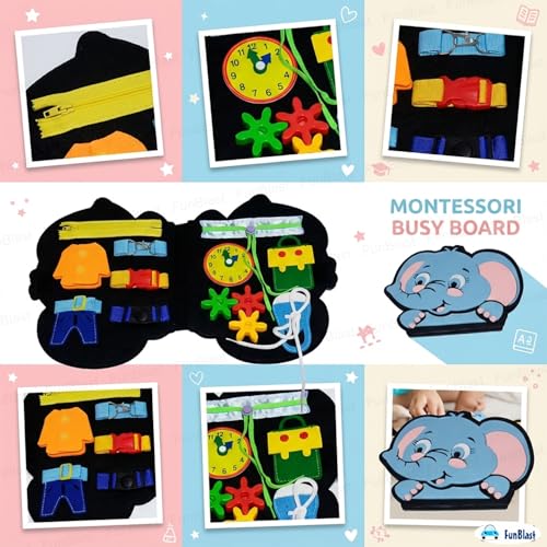 Image of FunBlast Busy Book for Toddlers Binder Board - Montessori Busy Board for Kids, Cartoon Design Learning Activity Toy for Toddlers, Educational & Early Learning Toys for Kids, Toddler (Elephant)