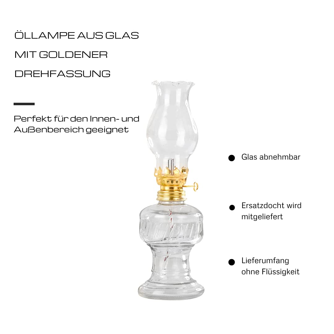 2x Öllampe aus Glas mit goldener Drehfassung 21 cm | Petroleumlampe mit Baumwolldocht | Perfekt für die Ideale Hochzeit | Oil lamps perfect for the Wedding day