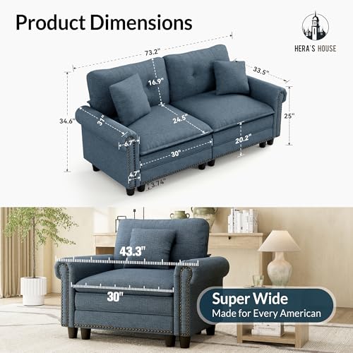 Image of HERA'S HOUSE 73.2 inch Modular Loveseat Cloud Couch Deep Seats & Rolled Arms | Mid-Century Modern 2-Seater Loveseat, Cyan, Nailhead Trim, Wider & Deeper Seats, Soft Linen Sofa for Living Room Bedroom