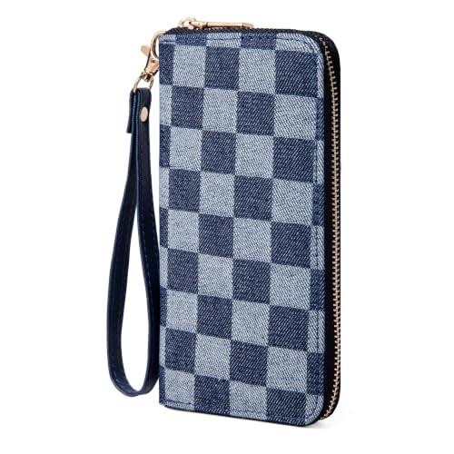 Image of Denim Checkered Wallet for Women, Zip Around Wristlet Wallet | Detachable Wrist Strap, Large Capacity Long Phone Wallet for Cards, Cash & Travel