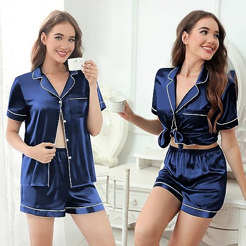 Image of Silk Pajamas for Women Satin Womens PJ Set 2 Piece Short Lounge Set Summer Sleepwear Notch Collar Button-Down Pjs