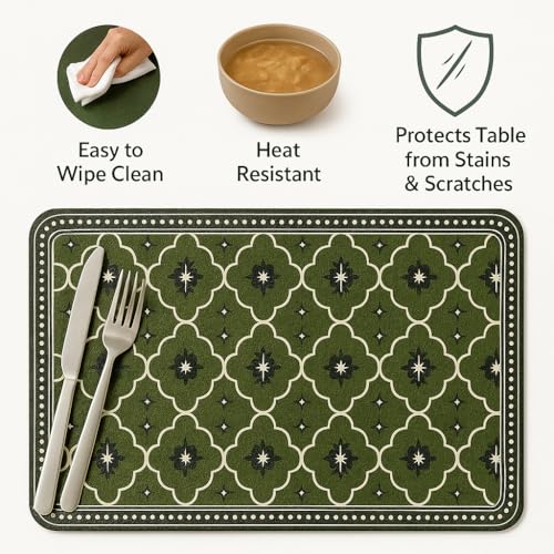 Image of Durable Leather Placemats Olive Green Mororccan Patterned Table Mats | Waterproof, Washable, Heat Resistant, Non-Slip Elegant Dining Accessories (Set of 4)