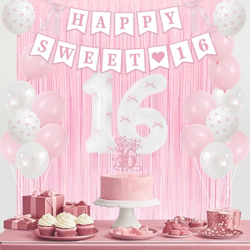 Trgowaul Sweet 16th Birthday Decorations for Girls, Pink Bow 16th Birthday Party Supplies, Banner, Sash and Crown, Cake Topper, 16 Number Balloon, Fringe Curtains, 16 Years Old Party Decorations Kit by Trgowaul - Used condition - Image 6