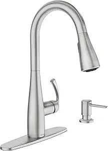 Moen Essie Spot Resist Stainless Pulldown Sprayer Kitchen Sink Faucet Set with Modern Pump Soap Dispenser, 87014SRS