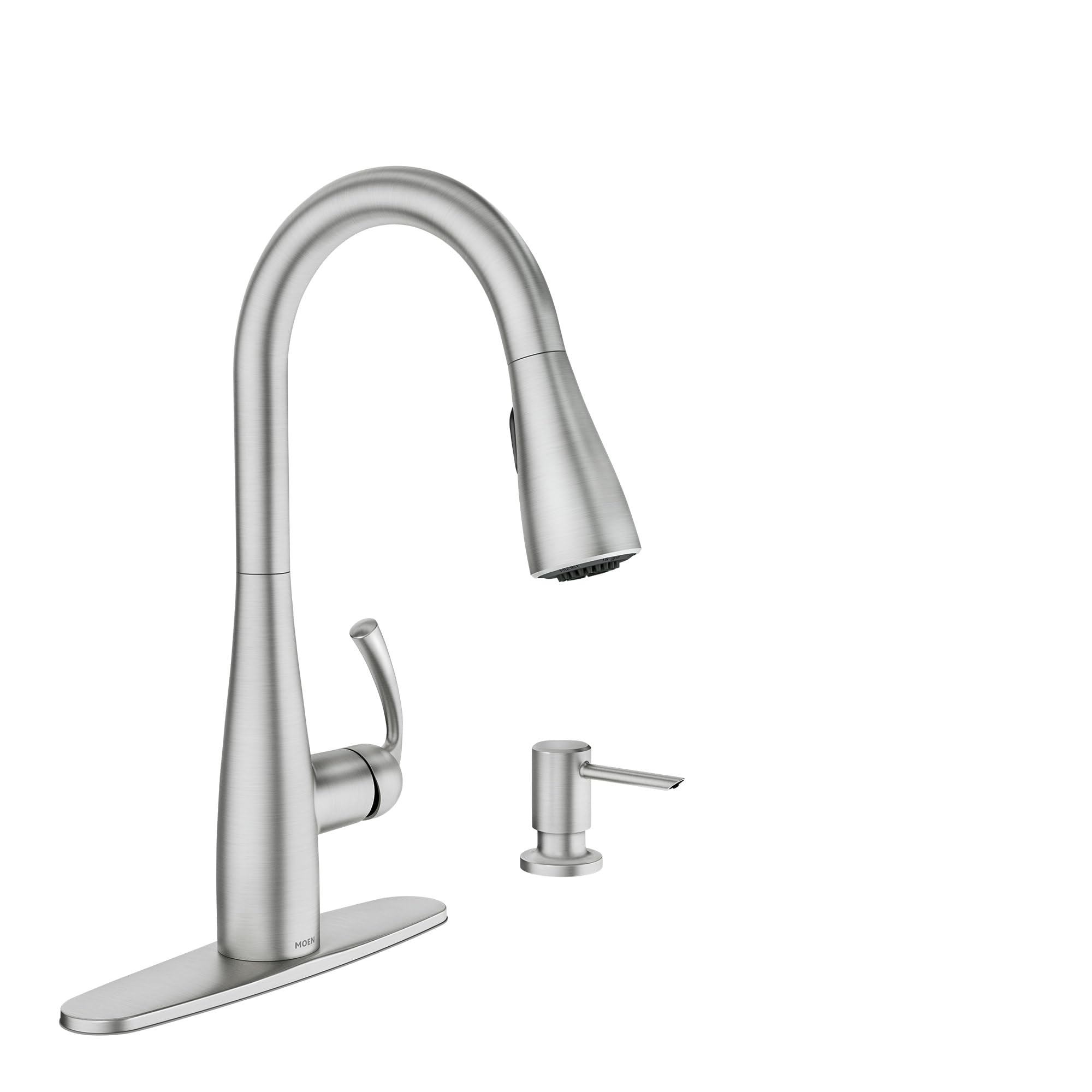 MoenEssie Spot Resist Stainless Pulldown Sprayer Kitchen Sink Faucet Set with Modern Pump Soap Dispenser, 87014SRS