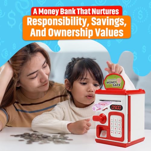 Image of Piggy Bank Toy for Kids and Adults - Gullak Money Safe with Number Password and Touch Sensor - Money Saving Mini ATM Toy with Lights and Sound (Red -White)