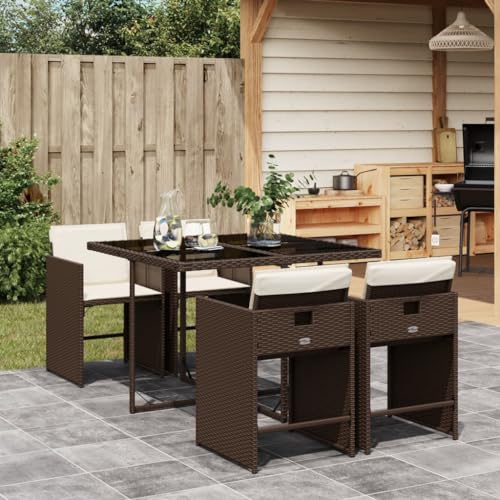 Image of 5-Piece Brown and Cream Patio Dining Set with Foldable Design, Weather-Resistant PE Rattan and Steel Frame, Plush Cushions for Outdoor Relaxation, Rectangular Table