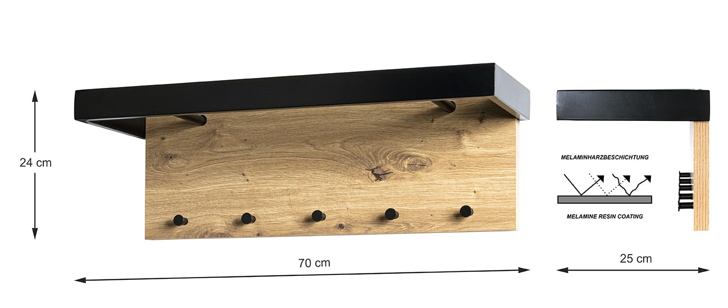 HAKU Appendiabiti da parete rovere, nero, MDF, metallo - Dim. L 70 cm x A 24 cm x P 25 cm, Stile Moderno